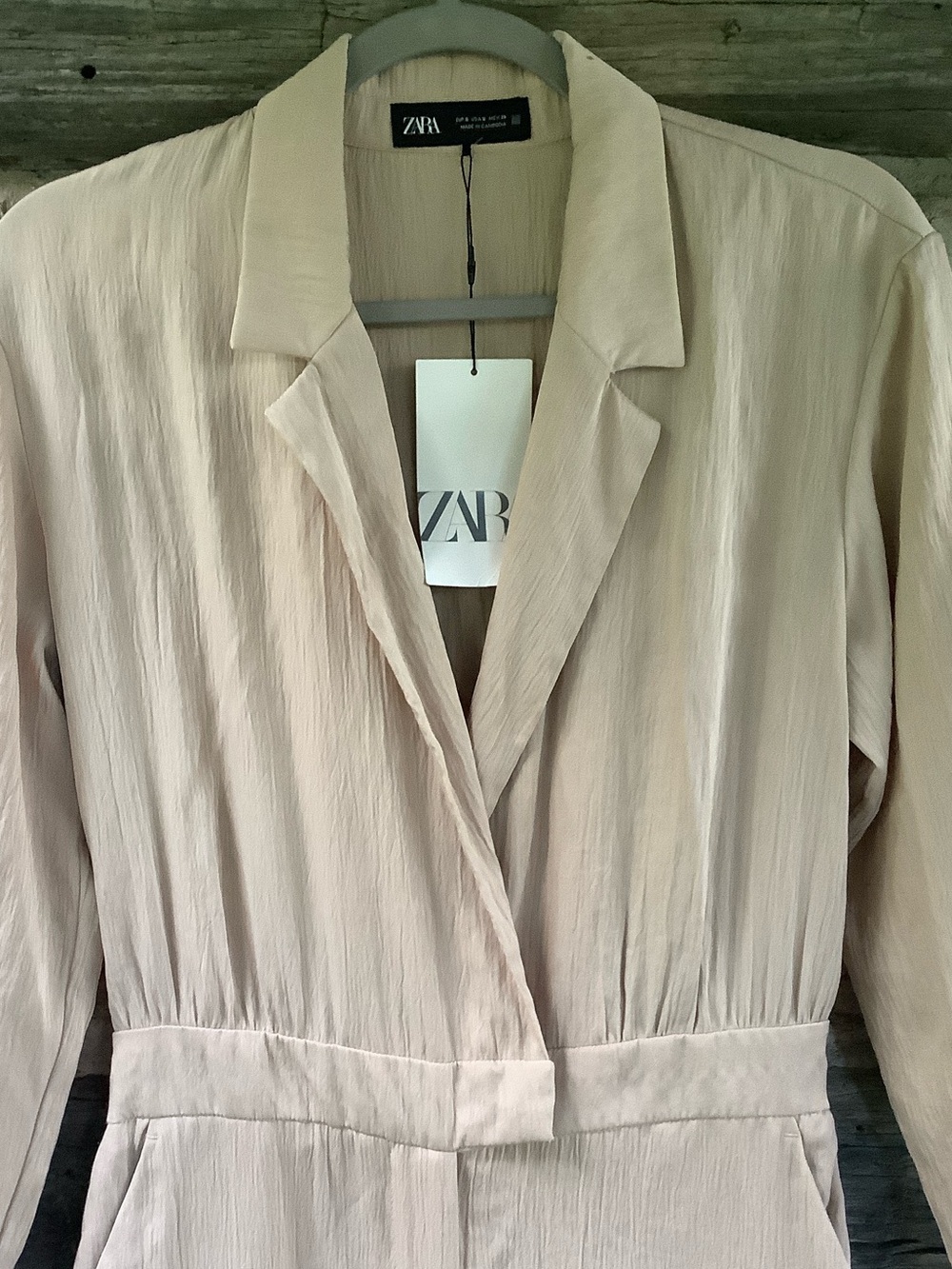 Zara Neutral Beige V-Neck Long Sleeve Jumpsuit - Picture 3 of 8